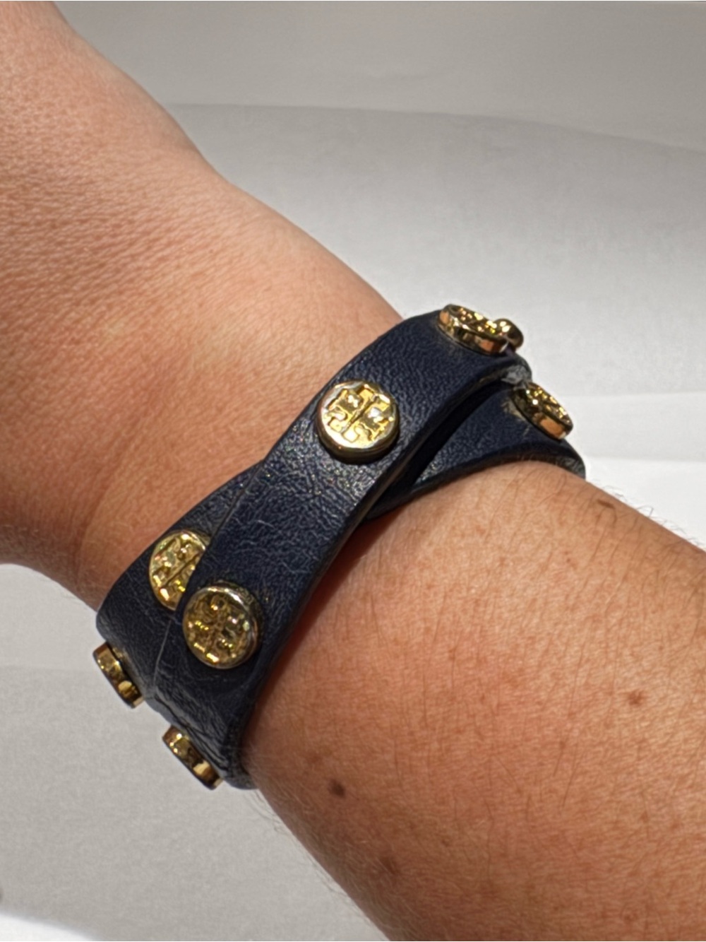 Tory Burch Navy Double Wrap Leather Bracelet with Gold Logo Studs